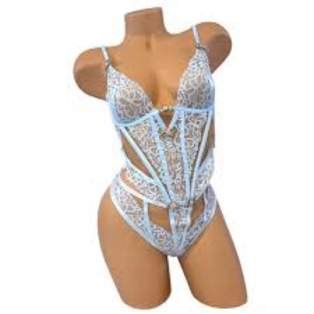 For Love And Lemons Butterfly Lace Light Blue Teddy Bodysuit Lingerie Fairy XL